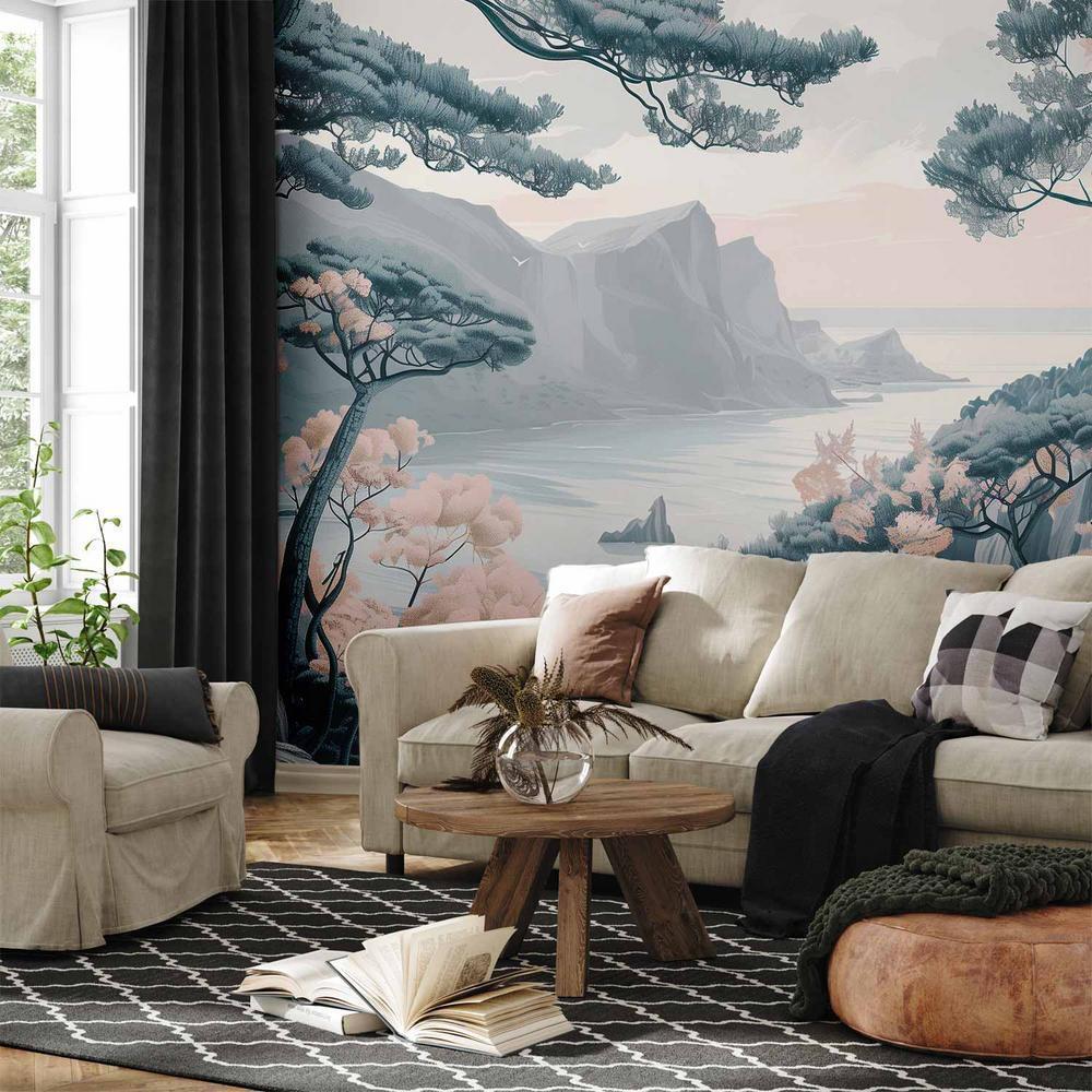 Wall Mural - Mountainous Coast with Trees and Rocks in Light Pastel Blues