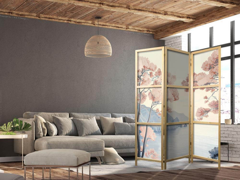 Japanese Room Divider - Landscape with the Ocean - Cliffs - and Trees in Delicate Pink Shades