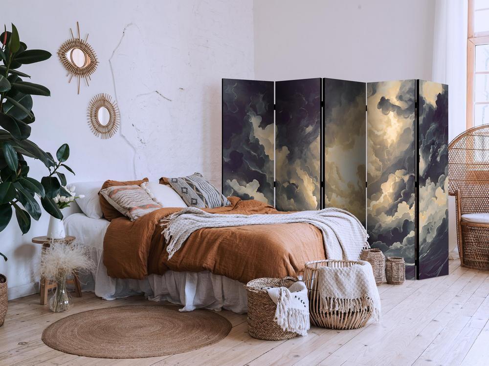 Room Divider - Epic Light Play: The Sun Battling for Dominance Over the Clouds- A 5 Panel Folding Screen For Living rooms, bedrooms or home office, decorative folding screen made with wood and canvas