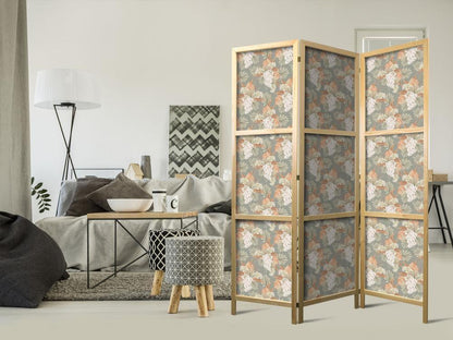 Japanese Room Divider - Little Bouquets - Exotic Flowers and Leaves on a Gray-Green Background