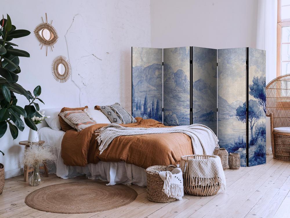 Room Divider - Italian Landscape - Lake Como Painted in Shades of Blue- A 5 Panel Folding Screen For Living rooms, bedrooms or home office, decorative folding screen made with wood and canvas