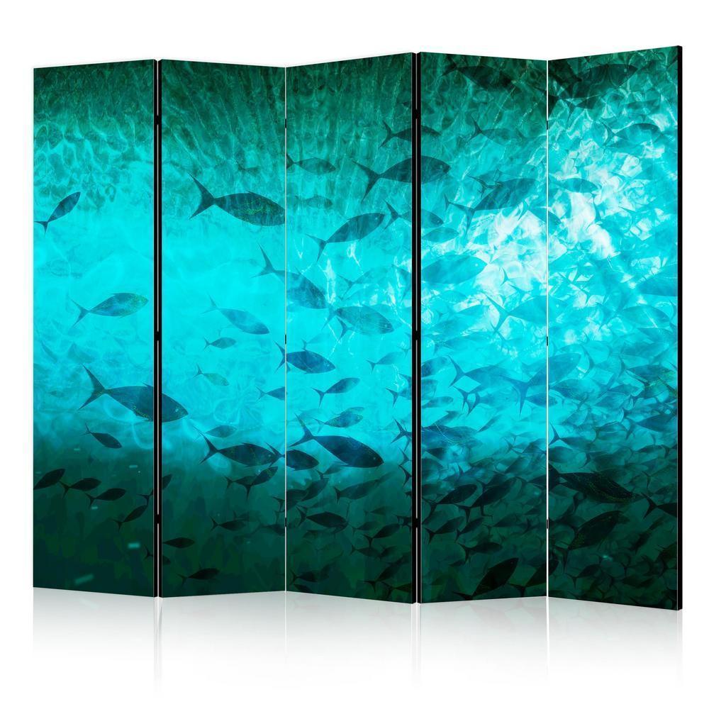 Room Divider - Underwater Paradise - Numerous Shoal of Fish in a Beautiful Turquoise-Blue Depth Illuminated by Sunlight- A 5 Panel Folding Screen For Living rooms, bedrooms or home office, decorative folding screen made with wood and canvas