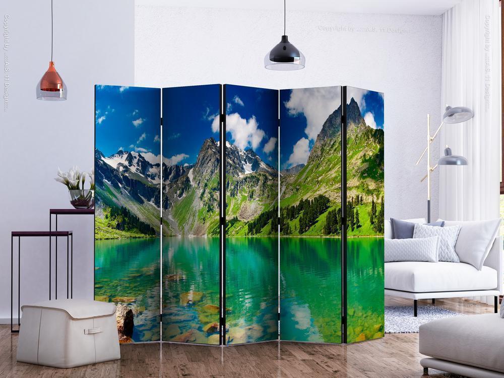 Decorative partition-Room Divider - Mountain lake II-Folding Screen Wall Panel by ArtfulPrivacy