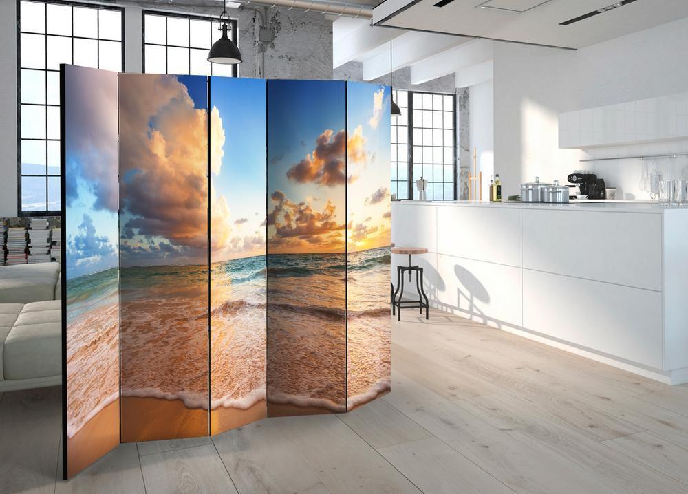 Room Divider - Morning by the Sea II- A 5 Panel Folding Screen For Living rooms, bedrooms or home office, decorative folding screen made with wood and canvas