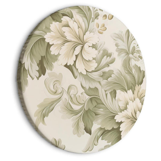 Round Canvas Print - Retro Vintage Flowers in Delicate Cream and Green Colors