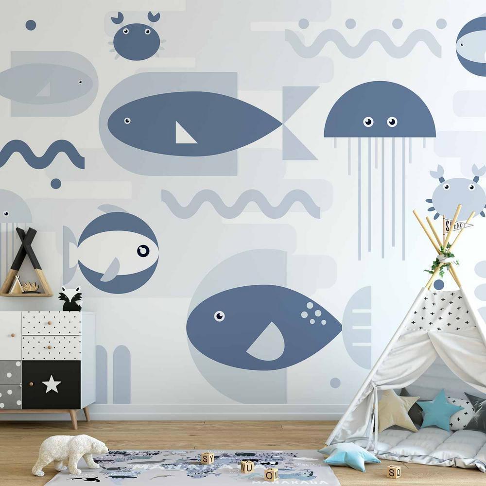 Wall Mural - Minimalist ocean - geometric fish and crabs in water for kids