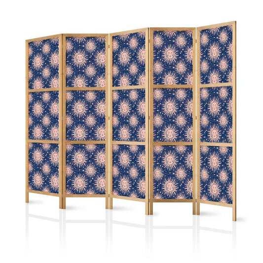 Japanese Room Divider - Sunny Patterns - Repeating Sun Motif on a Navy Background