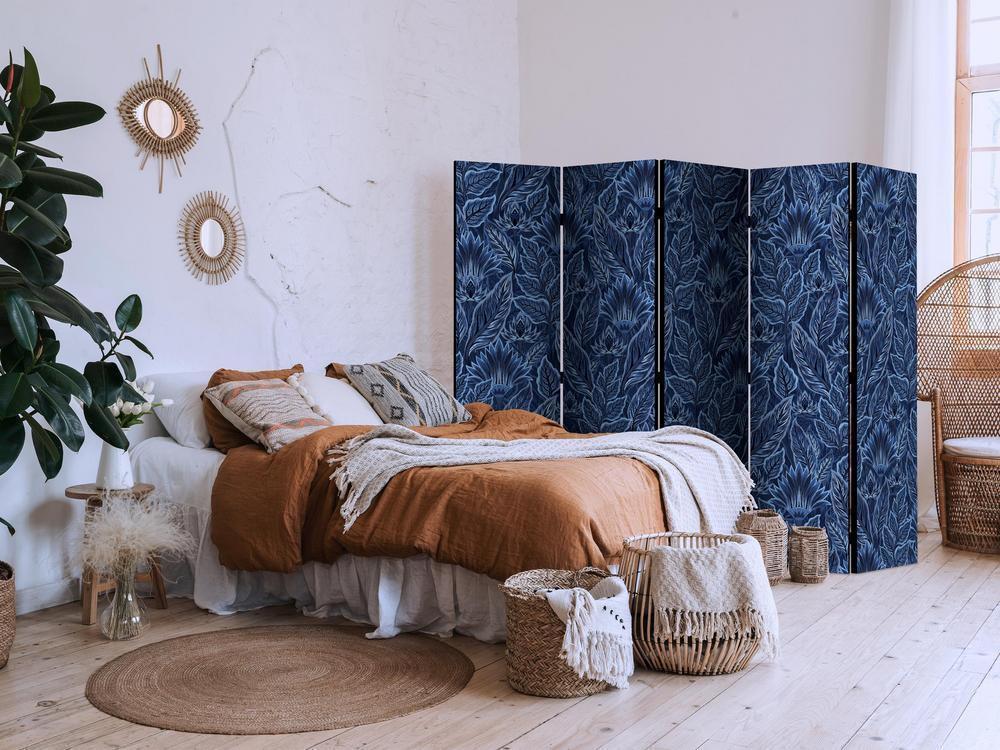 Room Divider - Dense Vegetation - Botanical Patterns in Illustrative Style Blue- A 5 Panel Folding Screen For Living rooms, bedrooms or home office, decorative folding screen made with wood and canvas