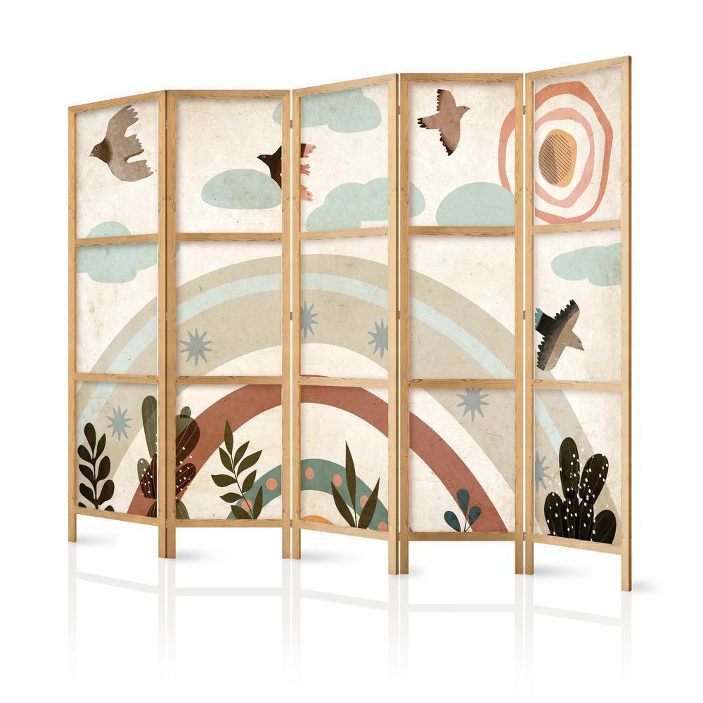 Japanese Room Divider - Sun Above the Rainbow - Birds in subdued colors - flying among clouds above a rainbow and vegetation on a light beige background