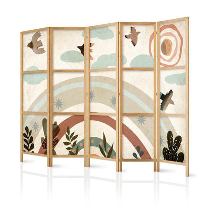 Japanese Room Divider - Sun Above the Rainbow - Birds in subdued colors - flying among clouds above a rainbow and vegetation on a light beige background