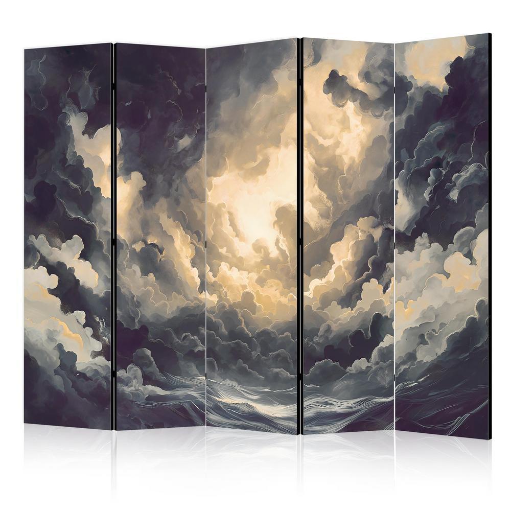 Room Divider - Epic Light Play: The Sun Battling for Dominance Over the Clouds- A 5 Panel Folding Screen For Living rooms, bedrooms or home office, decorative folding screen made with wood and canvas