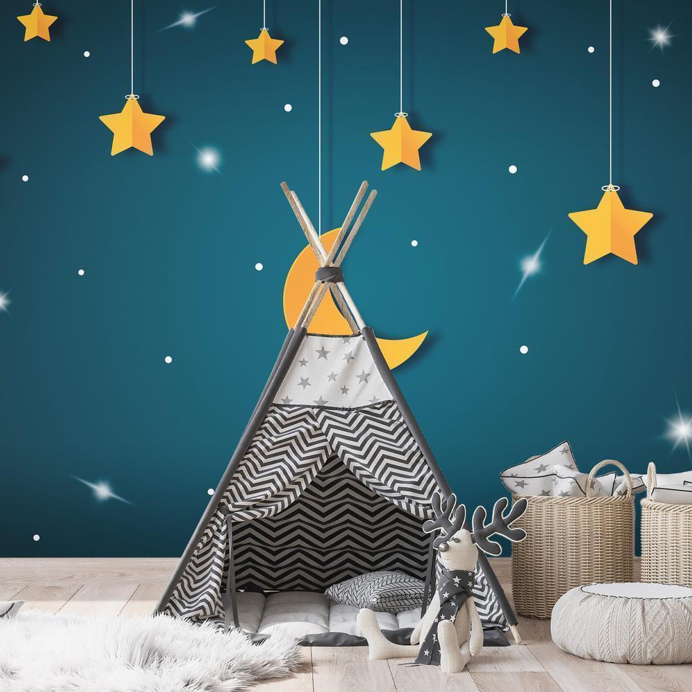 Wall Mural - Skyline - turquoise night sky landscape with stars for children