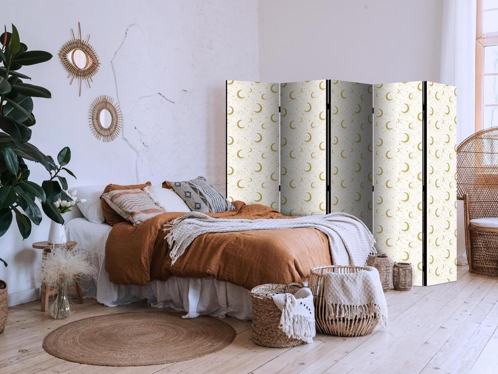 Room Divider - Moonlit Nights - Delicate Moons and Clouds in Warm Tones- A 5 Panel Folding Screen For Living rooms, bedrooms or home office, decorative folding screen made with wood and canvas