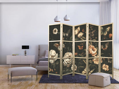 Japanese Room Divider - Mysterious Garden - Butterflies Flying Over Flowers - Rustic Evening