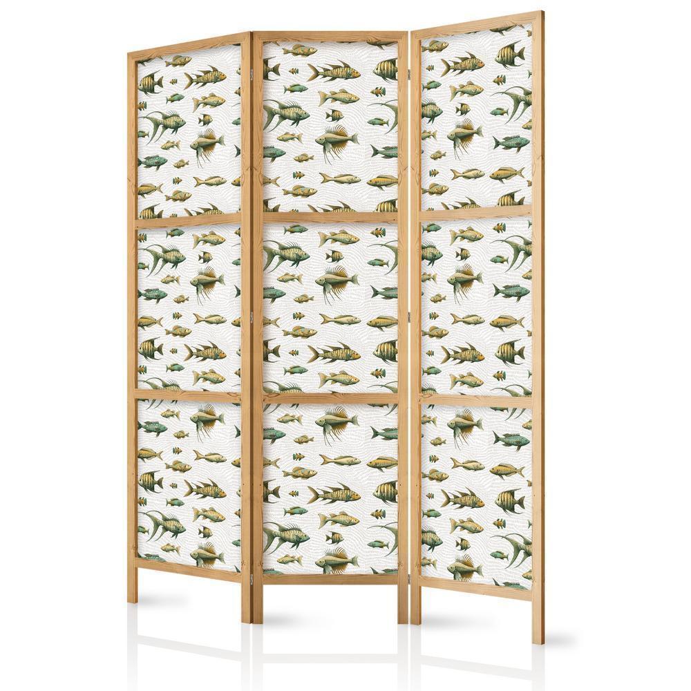 Japanese Room Divider - Unusual Species of Fish - Cluster of Fish in Muted Retro Style on a Background of Beige Lines