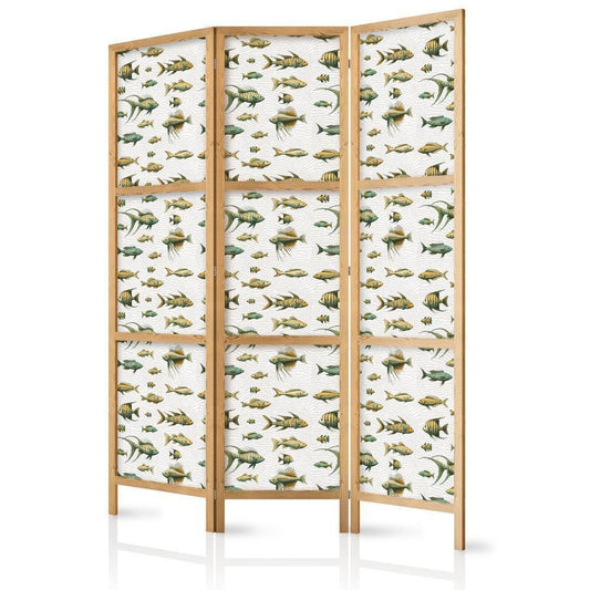 Japanese Room Divider - Unusual Species of Fish - Cluster of Fish in Muted Retro Style on a Background of Beige Lines