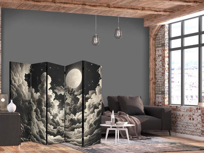 Room Divider - The Moon and Stars Singing Amongst Great Clouds- A 5 Panel Folding Screen For Living rooms, bedrooms or home office, decorative folding screen made with wood and canvas