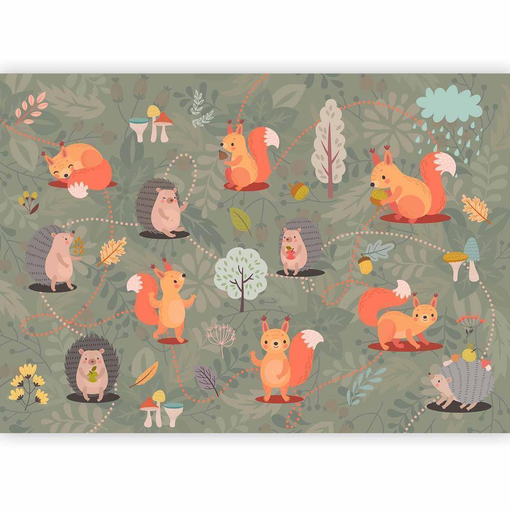 Wall Mural - Friends from the forest - colourful forest with mushrooms and animals for children