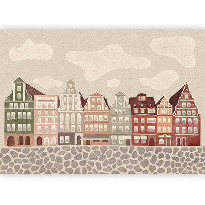 Wall Mural - Salt Square - Colorful Illustrated Townhouses Against a Cloudy Sky Background