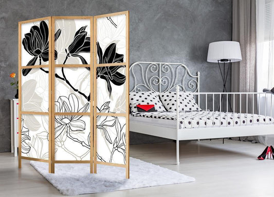Shoji room Divider - Japanese Room Divider - Black and White Flowers I - ArtfulPrivacy