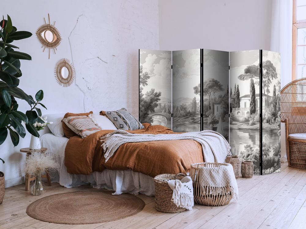 Room Divider - Black and White Vintage Landscape - Retro View of a Pond with a Boat- A 5 Panel Folding Screen For Living rooms, bedrooms or home office, decorative folding screen made with wood and canvas