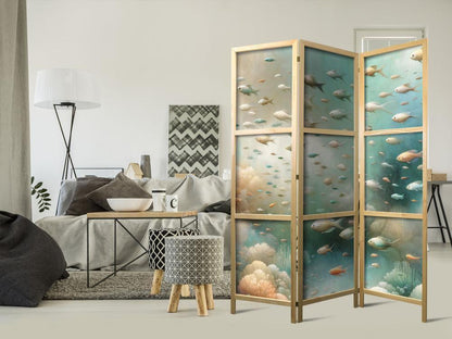 Japanese Room Divider - Spectacular Underwater Landscape - Fish in the Underwater World in Colors of Turquoise Blue Beige and Delicate Orange