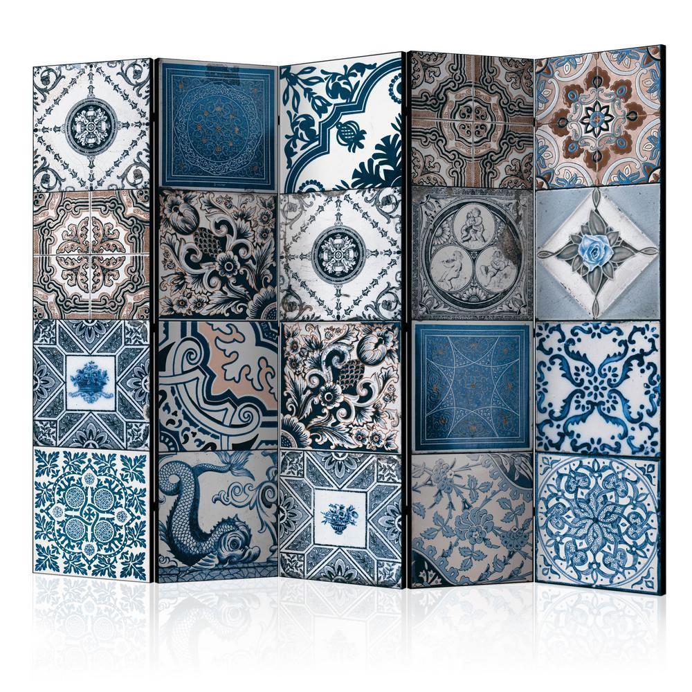 Room Divider - Blue Arabesque II- A 5 Panel Folding Screen For Living rooms, bedrooms or home office, decorative folding screen made with wood and canvas