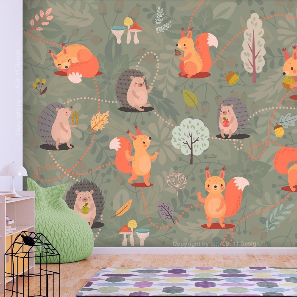 Wall Mural - Friends from the forest - colourful forest with mushrooms and animals for children-Wall Murals-ArtfulPrivacy