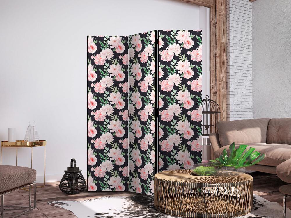 Room Divider - Peonies - Pink Flowers and Green Leaves on a Graphite Background