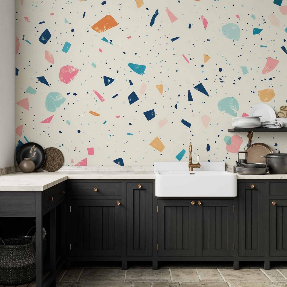 Wall Mural - Terrazzo with Multicolored Large Elements Cheerful Pattern on a Light Background