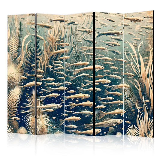 Room Divider - Life in The Ocean - Underwater World of Fish And Vegetation in Beige And Navy Colors in Retro Style- A 5 Panel Folding Screen For Living rooms, bedrooms or home office, decorative folding screen made with wood and canvas