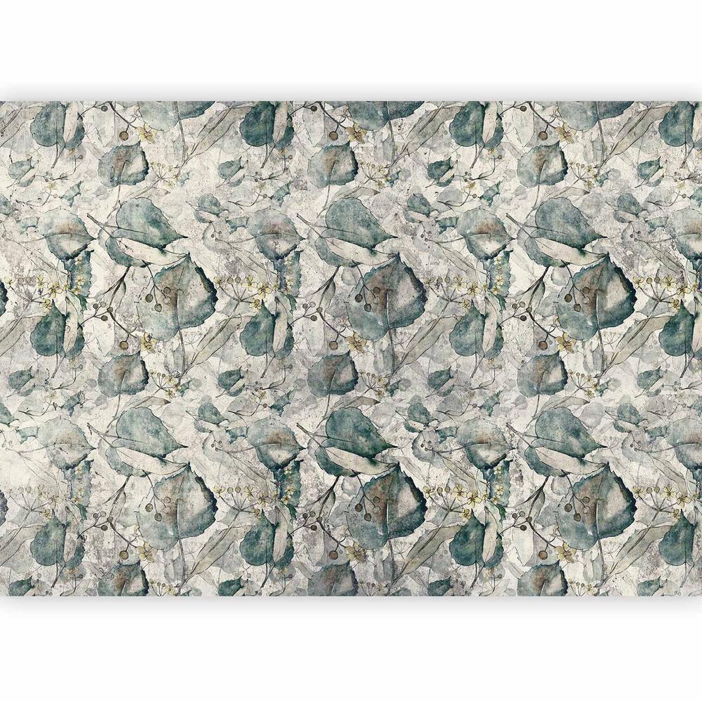 Papier peint - Souvenirs d'automne - motif floral gris cool avec des feuilles