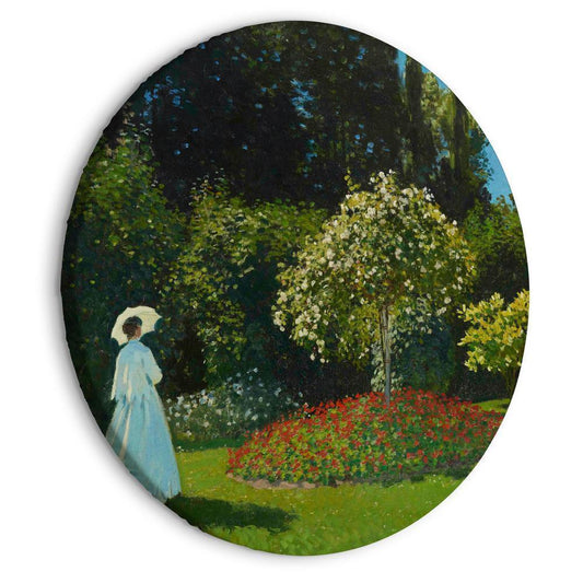 Circle shape wall decoration with printed design - Round Canvas Print - Woman in the Garden by Claude Monet - A Landscape of Vegetation in Spring - ArtfulPrivacy