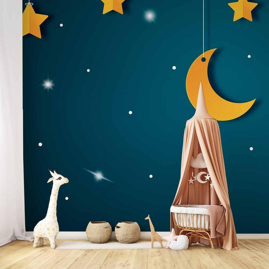 Wall Mural - Skyline - turquoise night sky landscape with stars for children