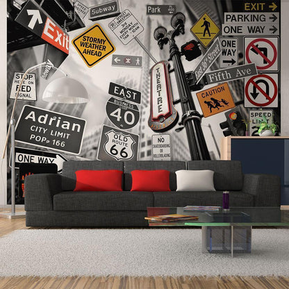 Wall Mural - NYC signs on a monochrome background-Wall Murals-ArtfulPrivacy