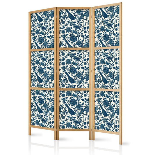 Japanese Room Divider - Rose Vines - Monochromatic Blue Birds Resting Among Roses