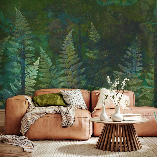 Wall Mural - Green abstraction in the forest - fern leaves in the trunks with patterns-Wall Murals-ArtfulPrivacy