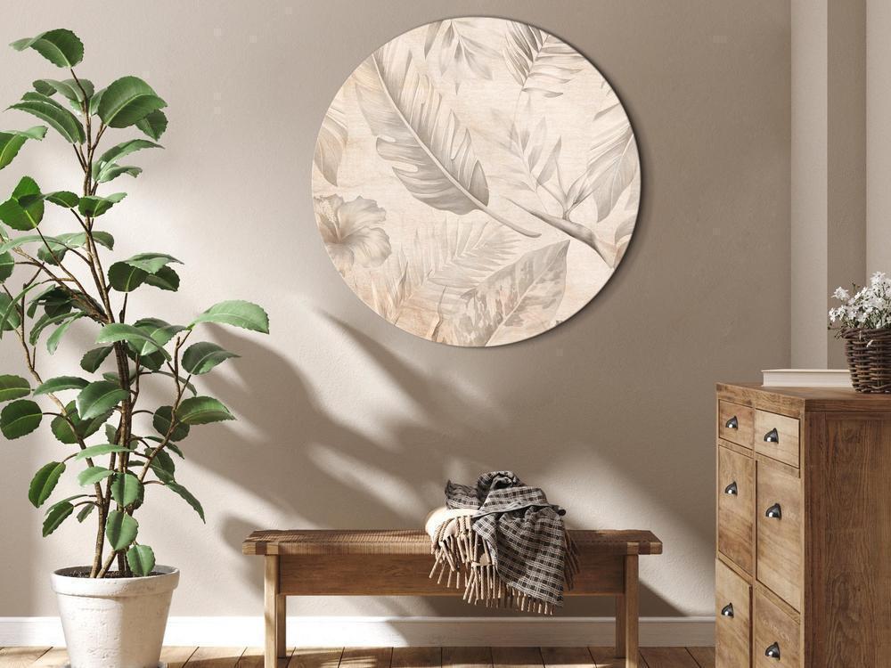 Circle shape wall decoration with printed design - Round Canvas Print - A multitude of exotic leaves and flowers - A subtle composition of tropical plant species maintained in sepia tones/Tropics in sepia - ArtfulPrivacy