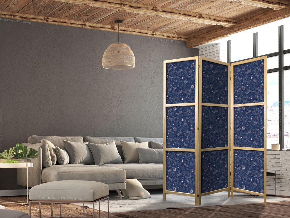 Japanese Room Divider - Cosmic Fantasy - Pattern with Suns - Moons - and Dragonflies on a Dark Background