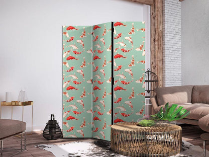 Cloison de séparation - Motifs poissons et japonais - Poissons Koi aux couleurs orange-crème sur fond vert-menthe avec un motif oriental