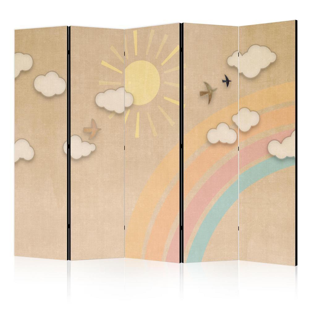 Room Divider - Holiday Sky - A Rainbow on a Sunny Day and Flying Birds- A 5 Panel Folding Screen For Living rooms, bedrooms or home office, decorative folding screen made with wood and canvas