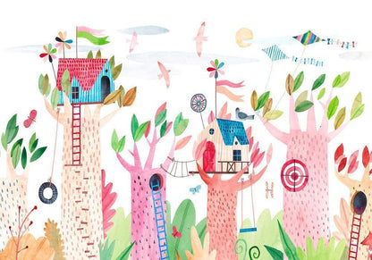 Wall Mural - Painted tree houses - a colourful fantasy with kites for children-Wall Murals-ArtfulPrivacy