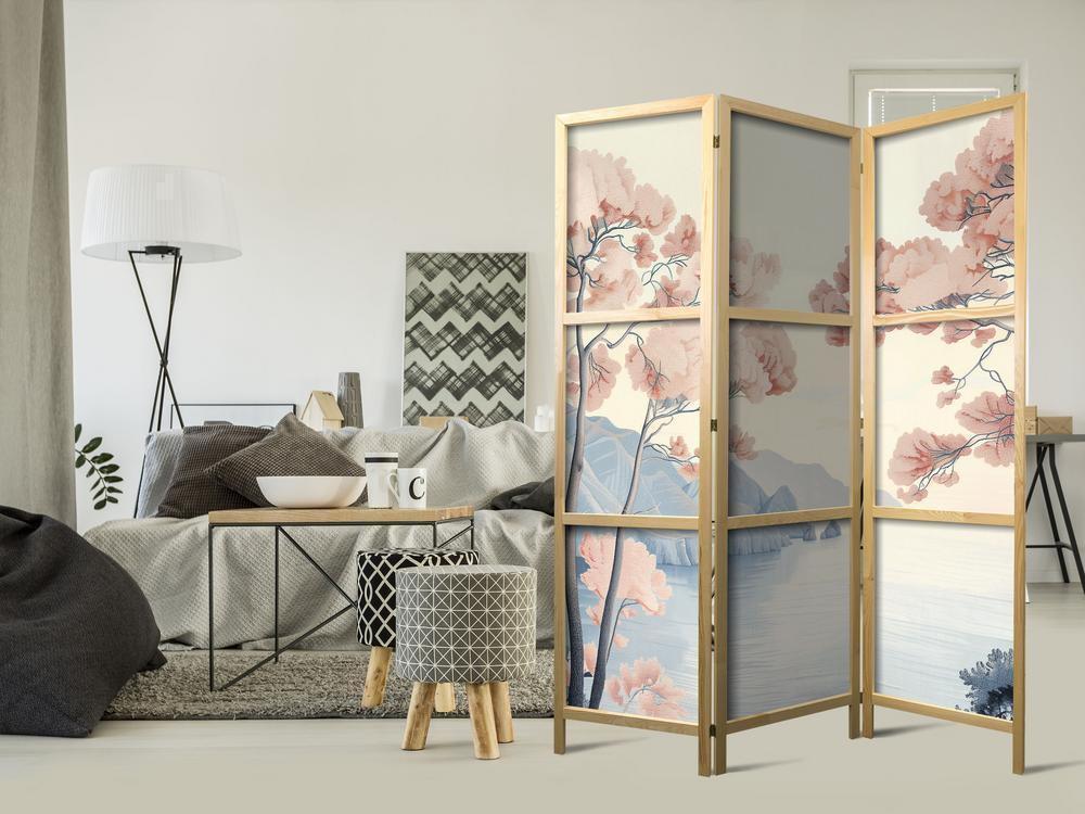 Japanese Room Divider - Landscape with the Ocean - Cliffs - and Trees in Delicate Pink Shades