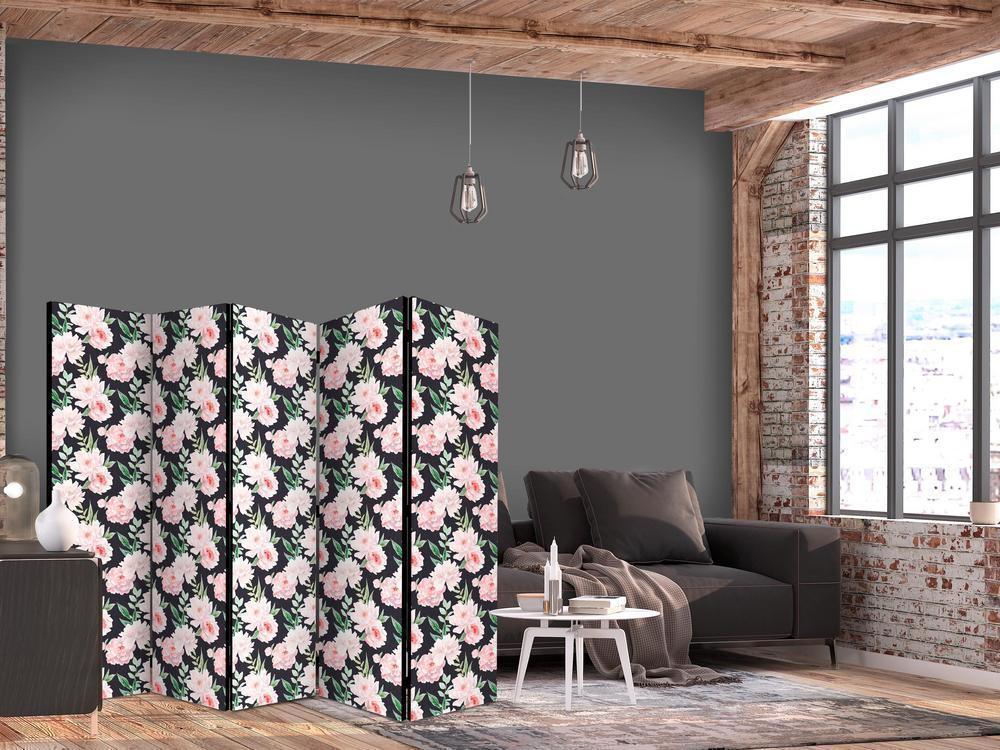 Room Divider - Peonies - Pink Flowers and Green Leaves on a Graphite Background- A 5 Panel Folding Screen For Living rooms, bedrooms or home office, decorative folding screen made with wood and canvas