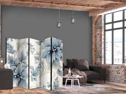 Room Divider - Turquoise Flowers in Retro Vibe Floral Ornaments- A 5 Panel Folding Screen For Living rooms, bedrooms or home office, decorative folding screen made with wood and canvas