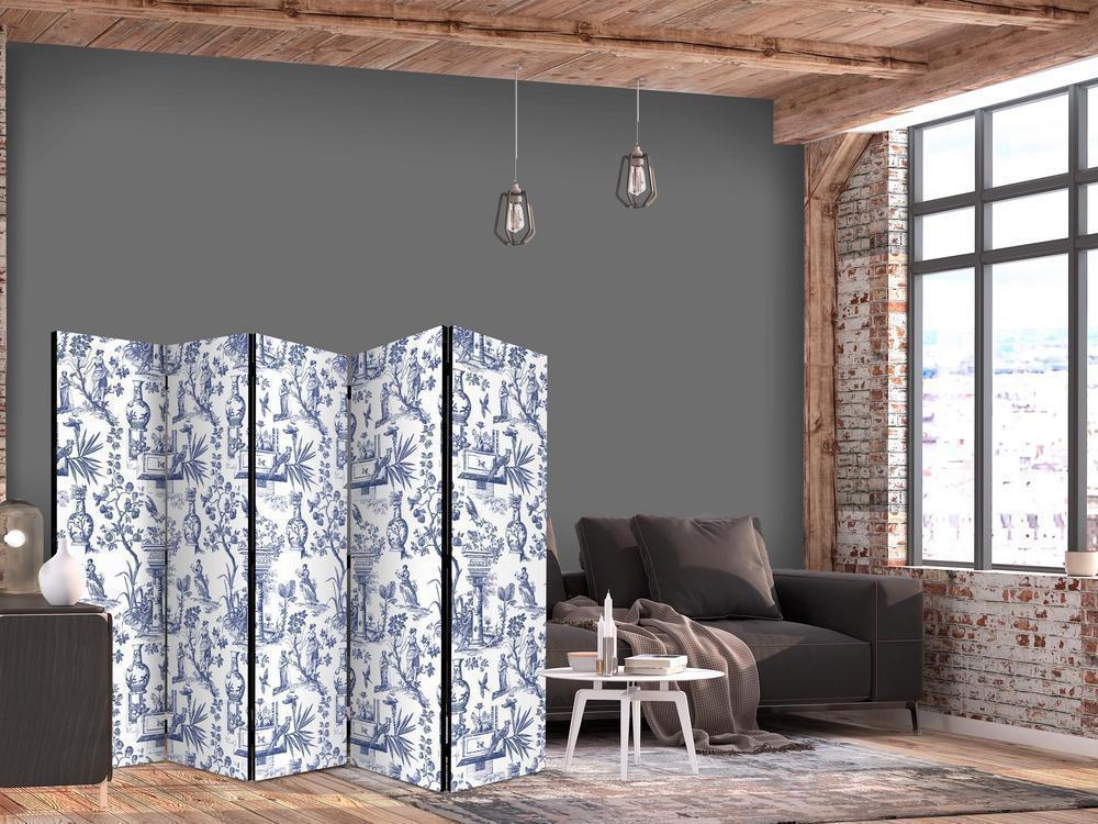 Room Divider - Rome and Botany - Blue Pattern with a Greek and Plant Motif- A 5 Panel Folding Screen For Living rooms, bedrooms or home office, decorative folding screen made with wood and canvas