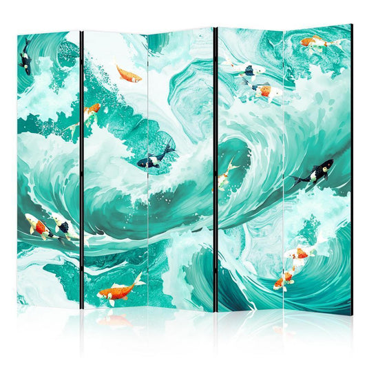 Room Divider - Koi Fish Among Waves - Japanese Fish Amid Waves in Shades of Turquoise And White- A 5 Panel Folding Screen For Living rooms, bedrooms or home office, decorative folding screen made with wood and canvas