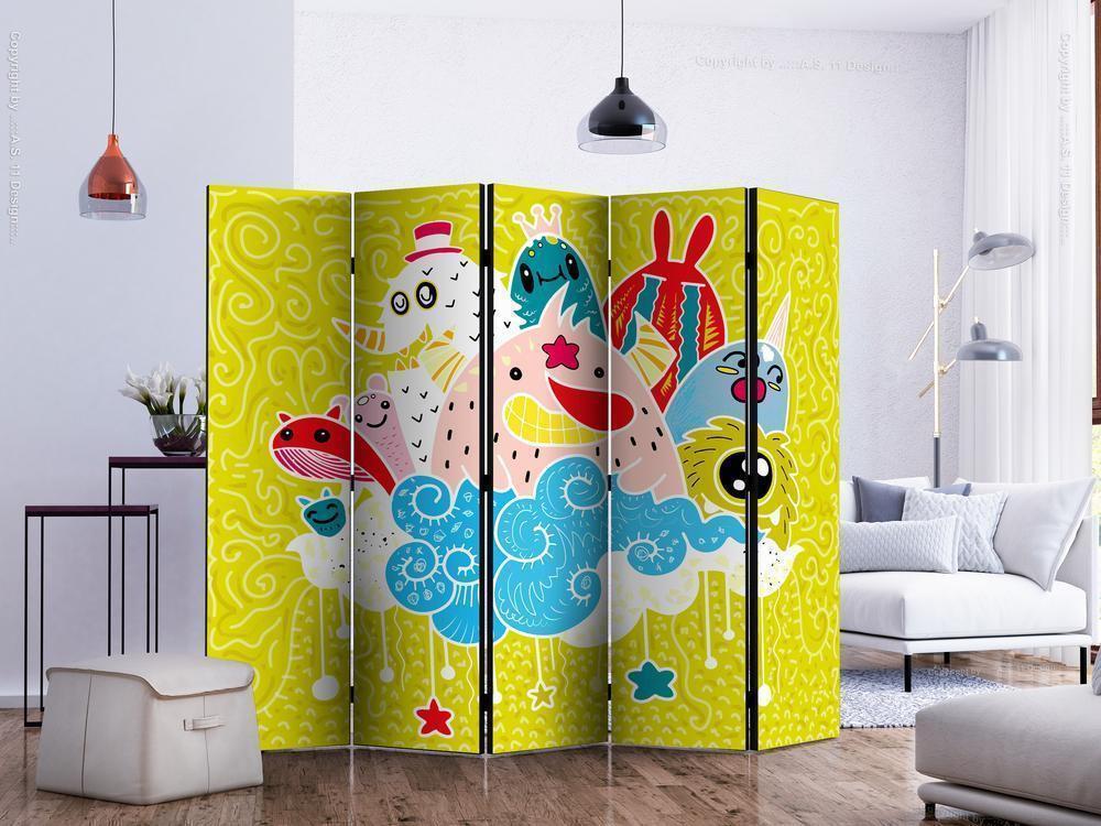 Decorative partition-Room Divider - Happy Creatures II-Folding Screen Wall Panel by ArtfulPrivacy