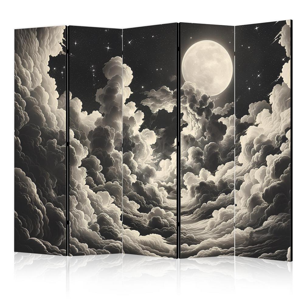 Room Divider - The Moon and Stars Singing Amongst Great Clouds- A 5 Panel Folding Screen For Living rooms, bedrooms or home office, decorative folding screen made with wood and canvas