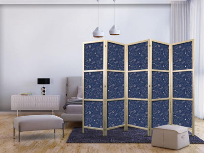 Japanese Room Divider - Cosmic Fantasy - Pattern with Suns - Moons - and Dragonflies on a Dark Background